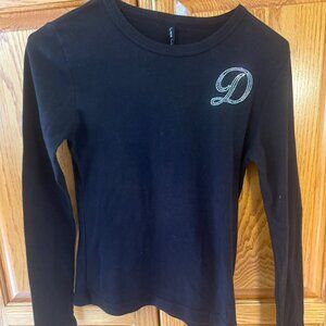 Women's NEW Black T-Shirt Rhinestone Initial D Long Sleeve Crew Neck SZ S
